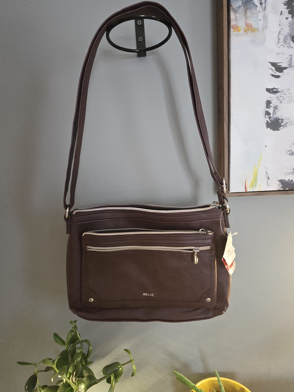 Relic By Fossil Brownish Burgundy Crossbody Bag with Gold Hardware